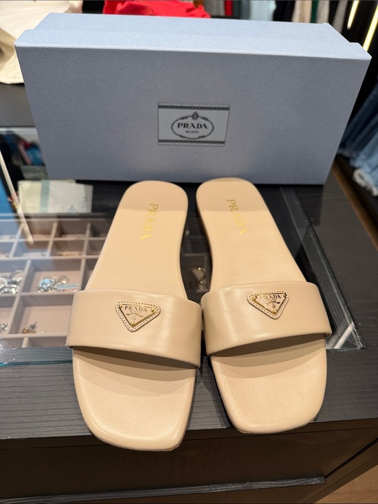 Prada Shoes - Prada Beige Leather Slide Mules with Triangle Logo